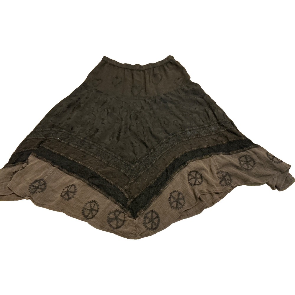 Shelly & Arnold Maxi Brown Skirt Size Medium Whimsy Mixed Print Hippee Festival - Picture 2 of 5